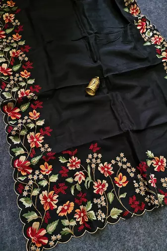 Black Color  floral embroidery Work Silk Saree