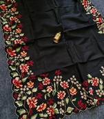 Black Color  floral embroidery Work Silk Saree