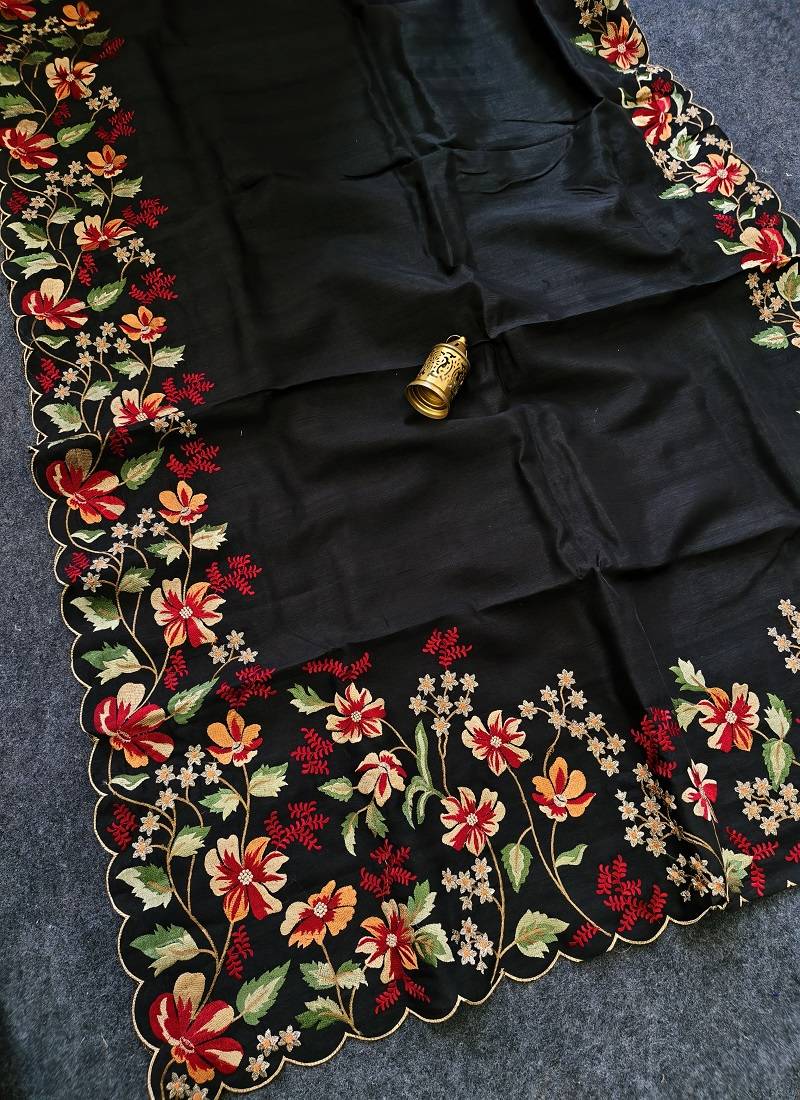 Black Color  floral embroidery Work Silk Saree