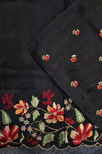 Black Color  floral embroidery Work art silk saree