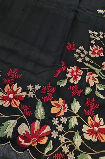 Black Color  floral embroidery Work art silk saree