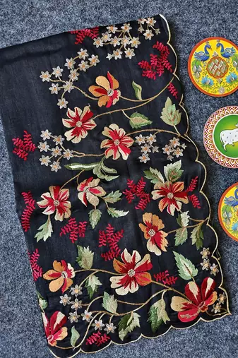 Black Color  floral embroidery Work art silk saree