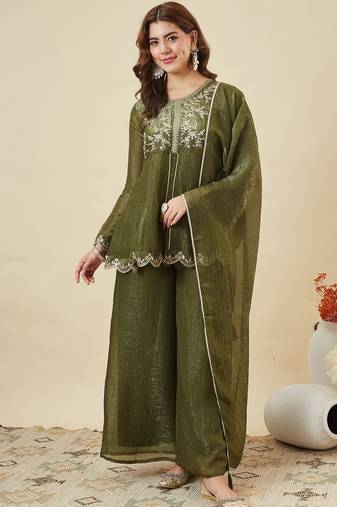 Mehendi crunchy silk heavy thread embroidery work kurta palazzo set