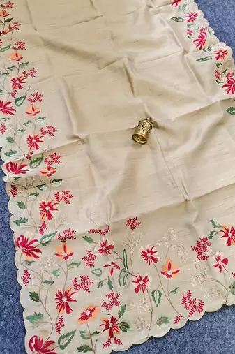 Cream Color  floral embroidery Work Silk Saree
