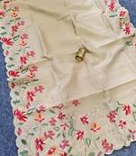 Cream Floral Embroidery Work Art Silk Saree