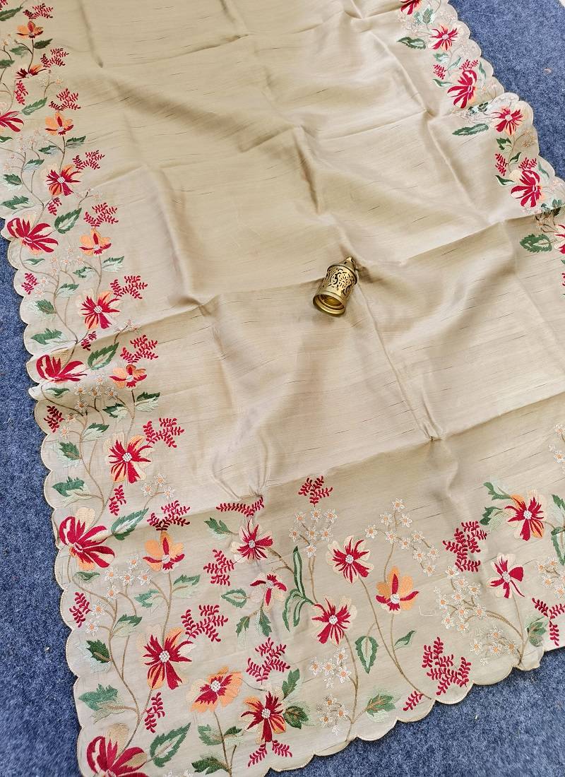 Cream Color  floral embroidery Work Silk Saree