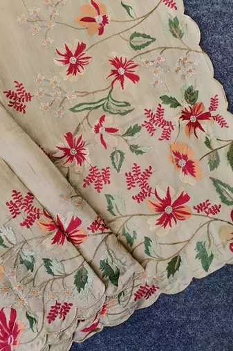 Cream Color  floral embroidery Work art silk saree