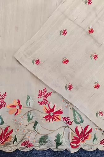 Cream Color  floral embroidery Work art silk saree