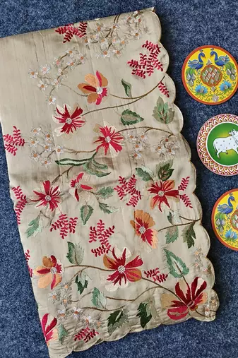 Cream Color  floral embroidery Work art silk saree