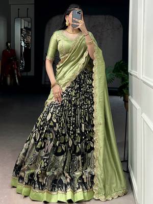 black kalamkari printed tussar silk half saree lehenga 1
