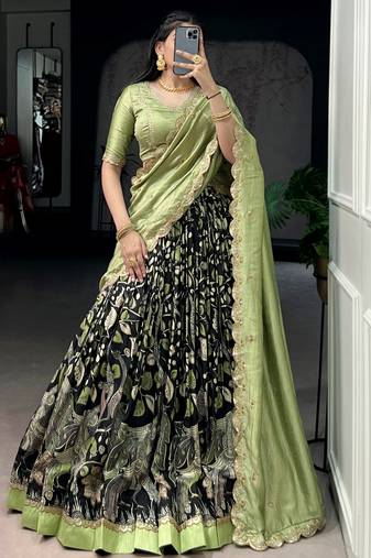 Alluring Black Kalamkari Printed Silk Festive Wear Half Saree Lehenga