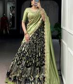 Alluring Black Kalamkari Printed Silk Festive Wear Half Saree Lehenga