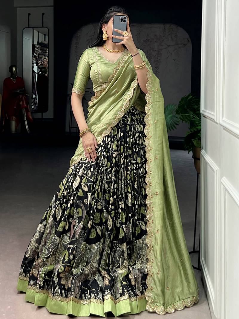 Alluring Black Kalamkari Printed Silk Festive Wear Half Saree Lehenga