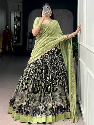 black kalamkari printed tussar silk half saree lehenga 2