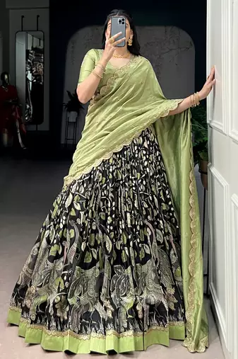 black kalamkari printed tussar silk half saree lehenga