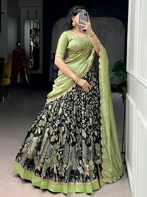 black kalamkari printed tussar silk half saree lehenga 3