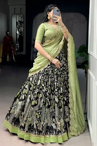 black kalamkari printed tussar silk half saree lehenga