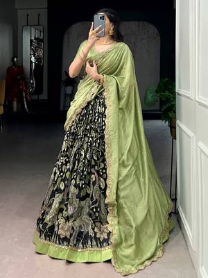 black kalamkari printed tussar silk half saree lehenga 4