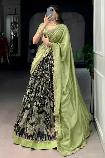 black kalamkari printed tussar silk half saree lehenga