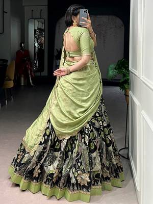 black kalamkari printed tussar silk half saree lehenga 5
