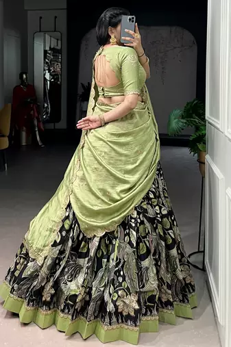 black kalamkari printed tussar silk half saree lehenga