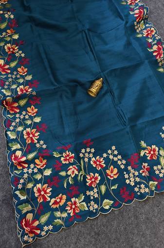 Blue Color  floral embroidery Work art silk saree