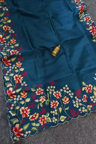 Blue Color  floral embroidery Work Silk Saree
