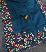 Blue Floral Embroidery Work Art Silk Saree