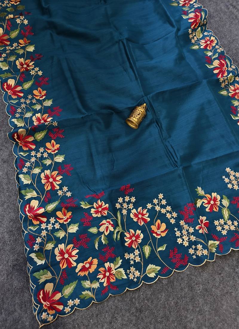 Blue Color  floral embroidery Work Silk Saree