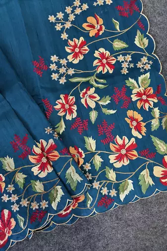 Blue Color  floral embroidery Work art silk saree