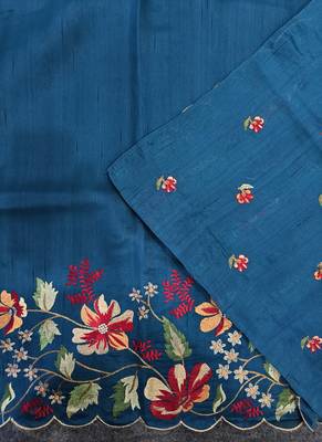 Blue Color  floral embroidery Work art silk saree 3