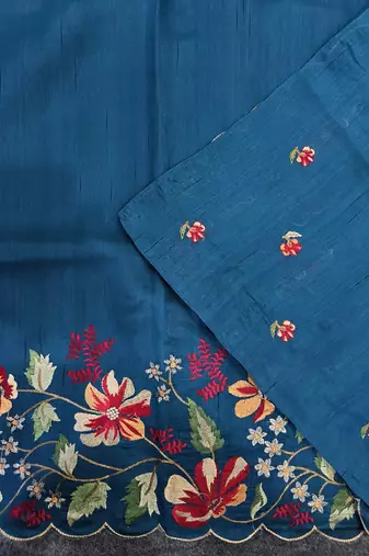 Blue Color  floral embroidery Work art silk saree