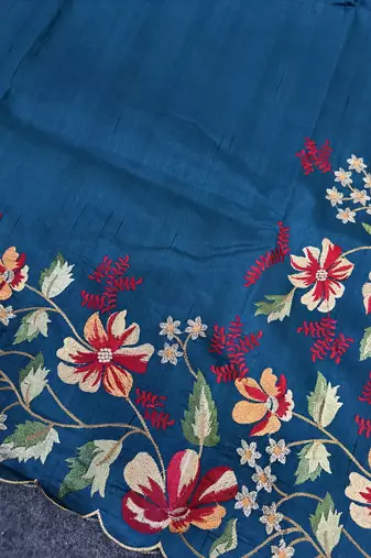 Blue Color  floral embroidery Work art silk saree