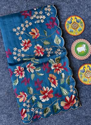 Blue Color  floral embroidery Work art silk saree 5