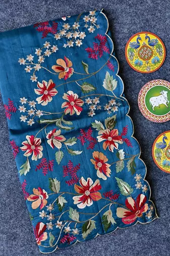 Blue Color  floral embroidery Work art silk saree