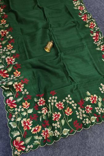 Green Color  floral embroidery Work Silk Saree