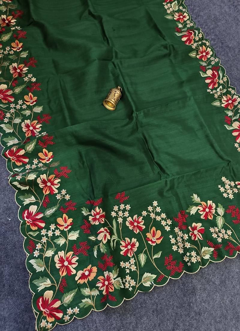 Green Color  floral embroidery Work Silk Saree