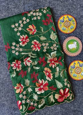 Green Color  floral embroidery Work art silk saree 5