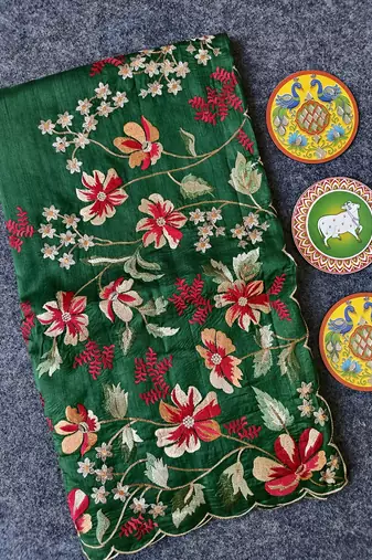 Green Color  floral embroidery Work art silk saree