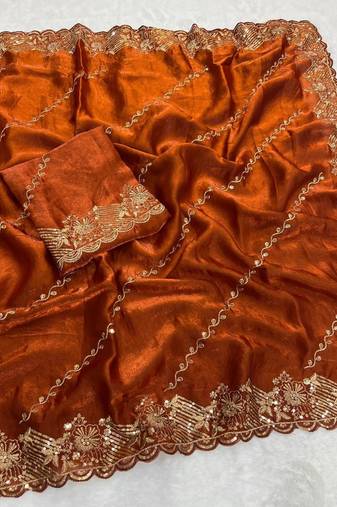 Orange Color Embroidery  & sequence thread and zari work  Space Silk Saree