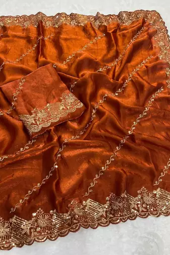 Orange Color Embroidery  & sequence thread and zari work  Space Silk Saree
