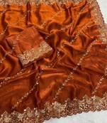 Orange Color Embroidery  & sequence thread and zari work  Space Silk Saree