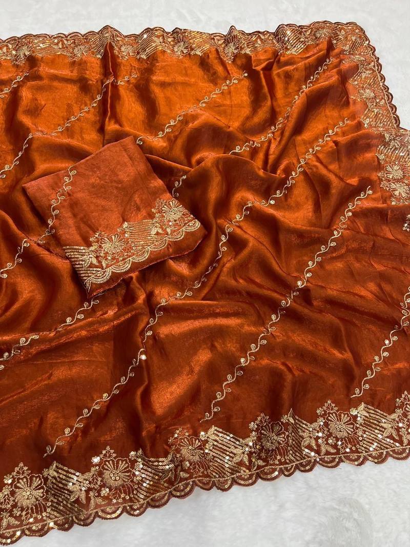 Orange Color Embroidery  & sequence thread and zari work  Space Silk Saree