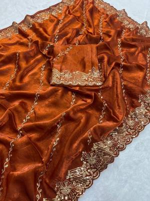 rust orange embroidered silk party wear saree 2