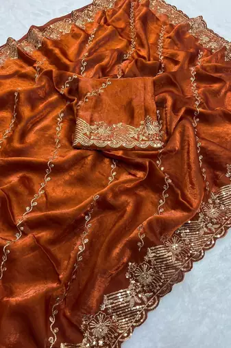 rust orange embroidered silk party wear saree