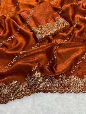 rust orange embroidered silk party wear saree 3