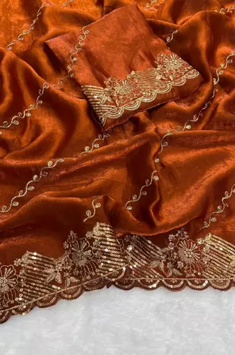 rust orange embroidered silk party wear saree