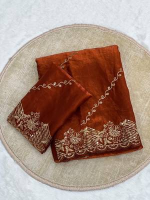 rust orange embroidered silk party wear saree 4