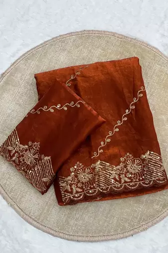 rust orange embroidered silk party wear saree