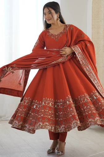 Orange Roman Silk Embroidered Sequence Anarkali Set with Dupatta